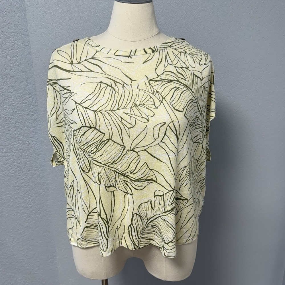 NWT Rachel Zoe Linen Blend Boxy Top 2X Yellow White Leaf Print Relaxed Blouse